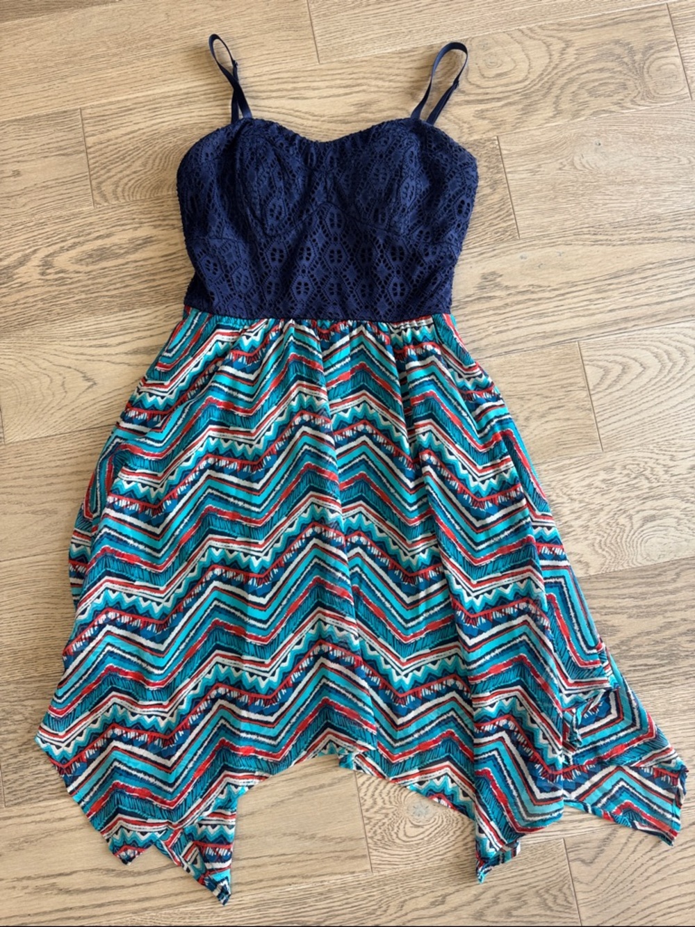 LILY ROSE Navy Lace Top Chevron Hanky Hem Dress -Small